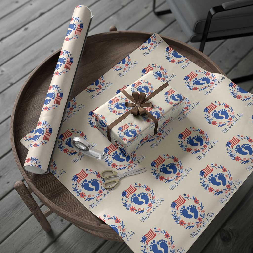 My First 4th of July Patriotic Cute Baby Footprints Wrapping Paper Roll American Flag Wreath America Holiday Milestone