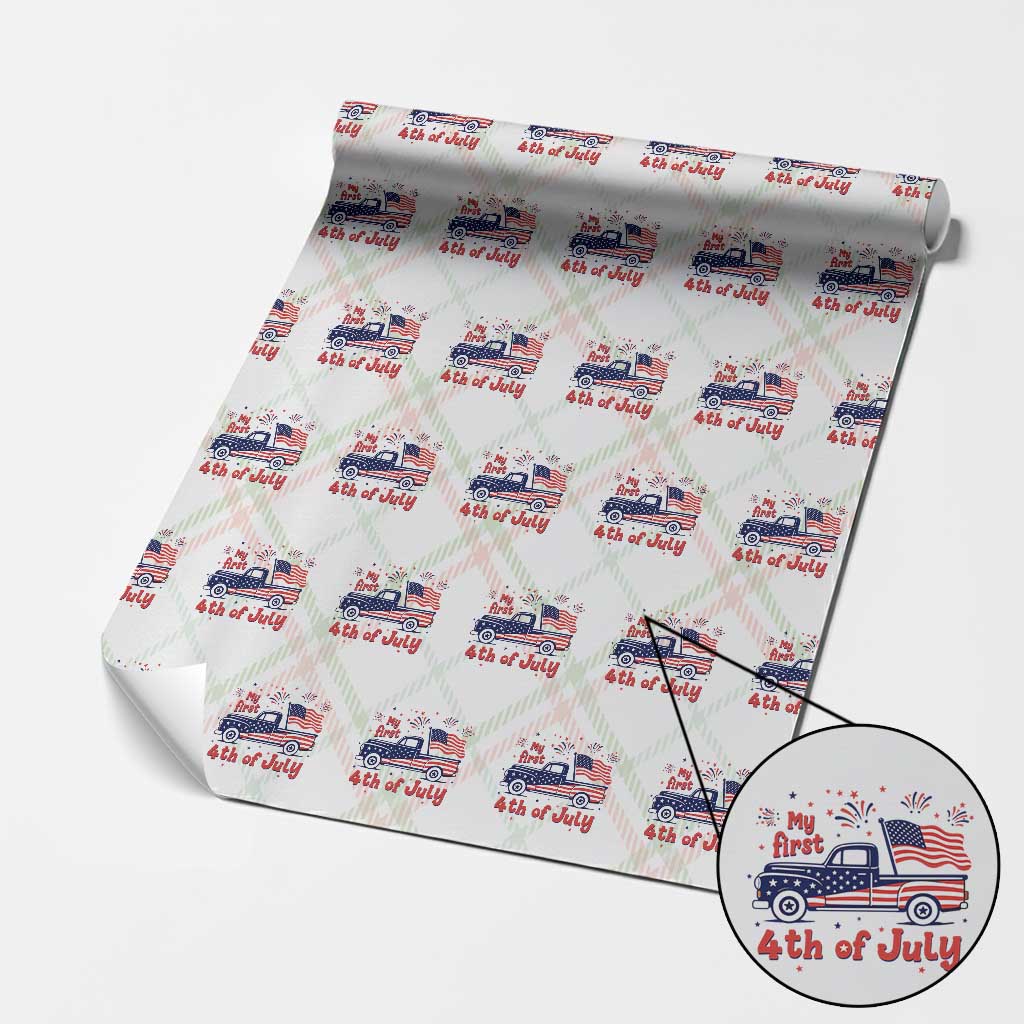My First 4th of July Retro American Flag Pickup Truck Wrapping Paper Roll Americana Patriotic Independence Holiday Milestone