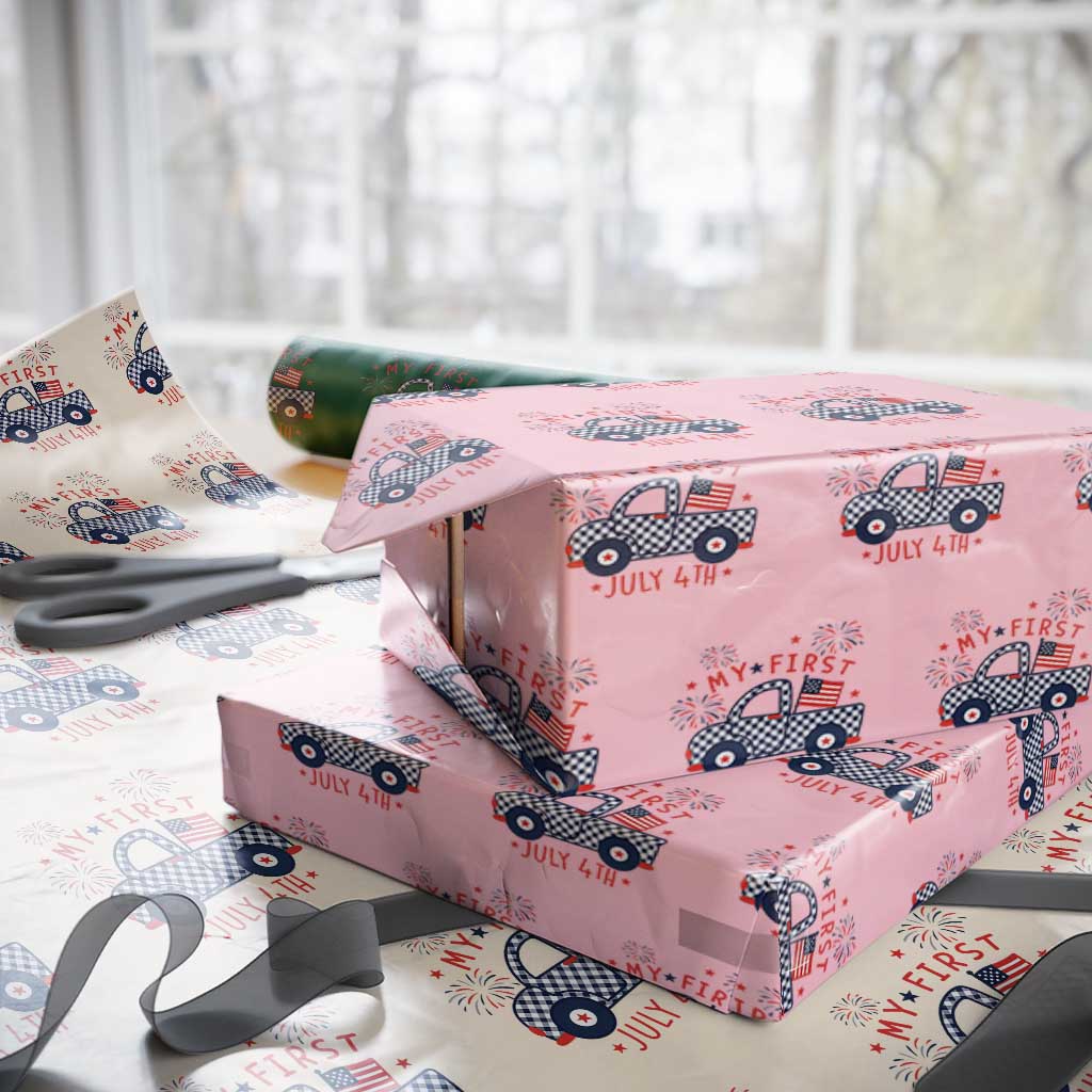 My First July 4th Gingham Vintage Truck Americana Wrapping Paper Roll Patriotic Fireworks Independence Holiday Milestone