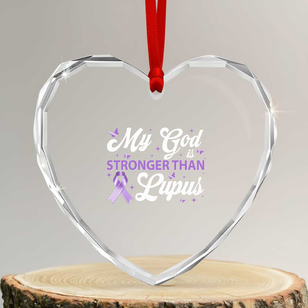 My God Is Bigger Than Lupus Heart Crystal Glass Ornament Purple Ribbon