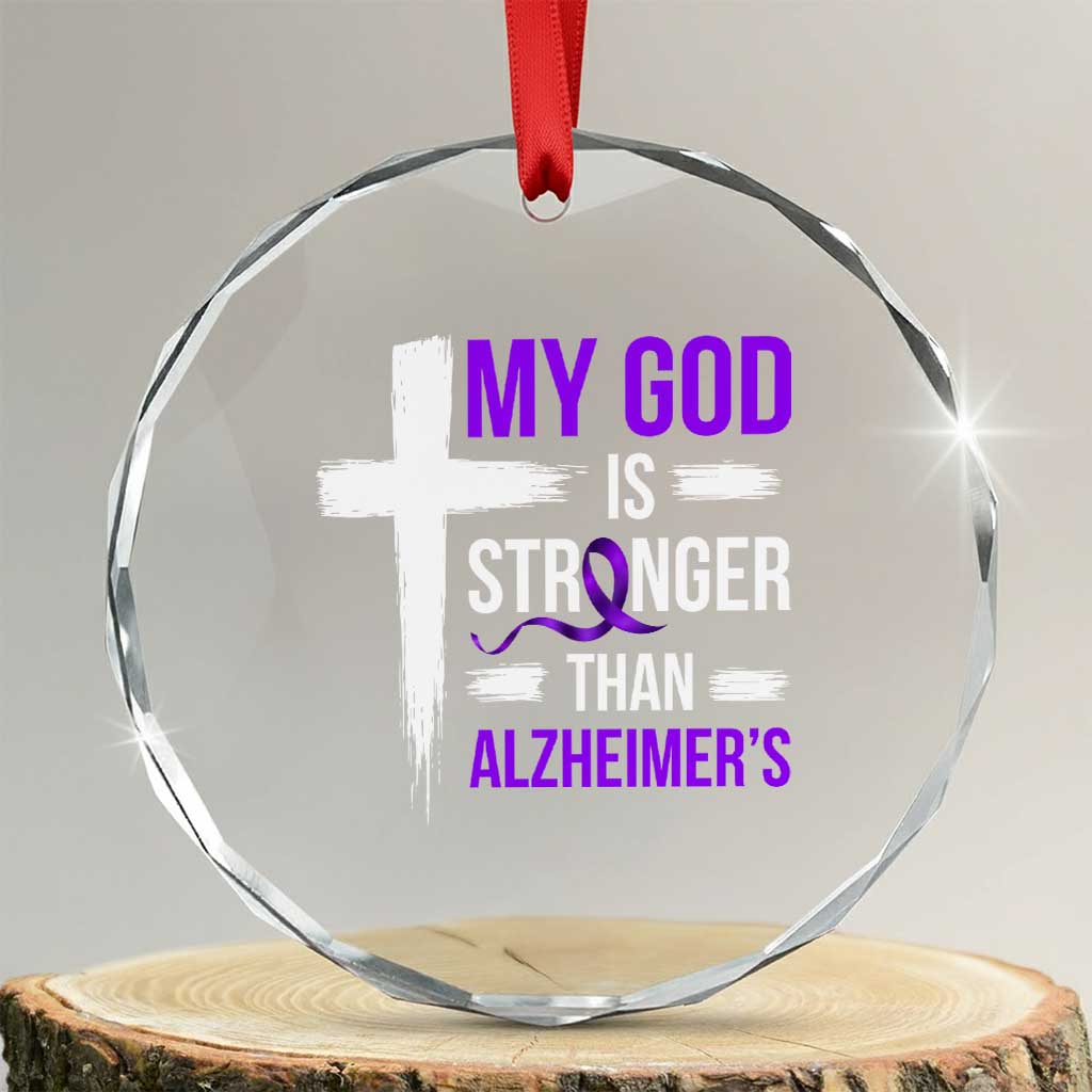 My God Is Stronger Than Alzheimers Crystal Glass Ornament Christian Purple Ribbon Faith Support