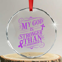 My God Is Stronger Than Alzheimers Crystal Glass Ornament Faith Hope Purple Ribbon Graphic