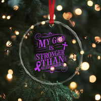 My God Is Stronger Than Alzheimers Crystal Glass Ornament Faith Hope Purple Ribbon Graphic