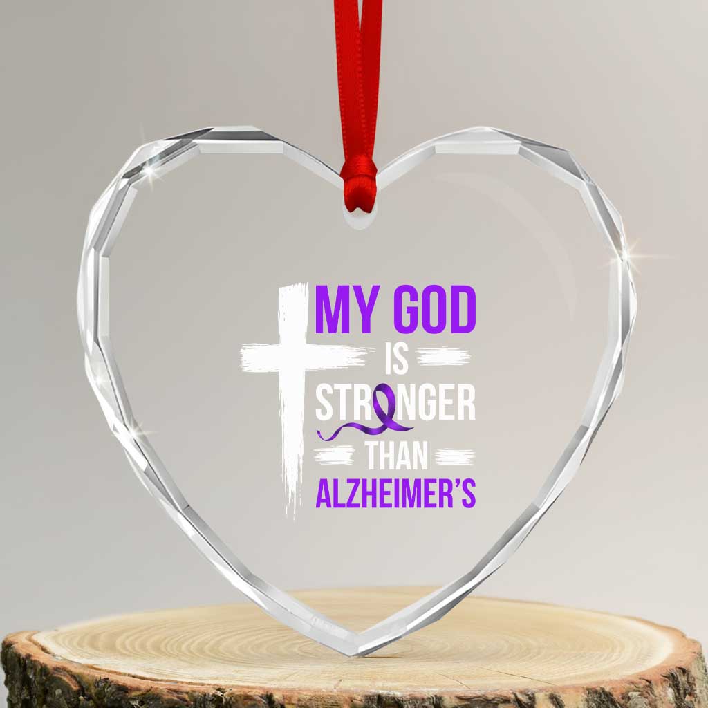 My God Is Stronger Than Alzheimers Heart Crystal Glass Ornament Christian Purple Ribbon Faith Support