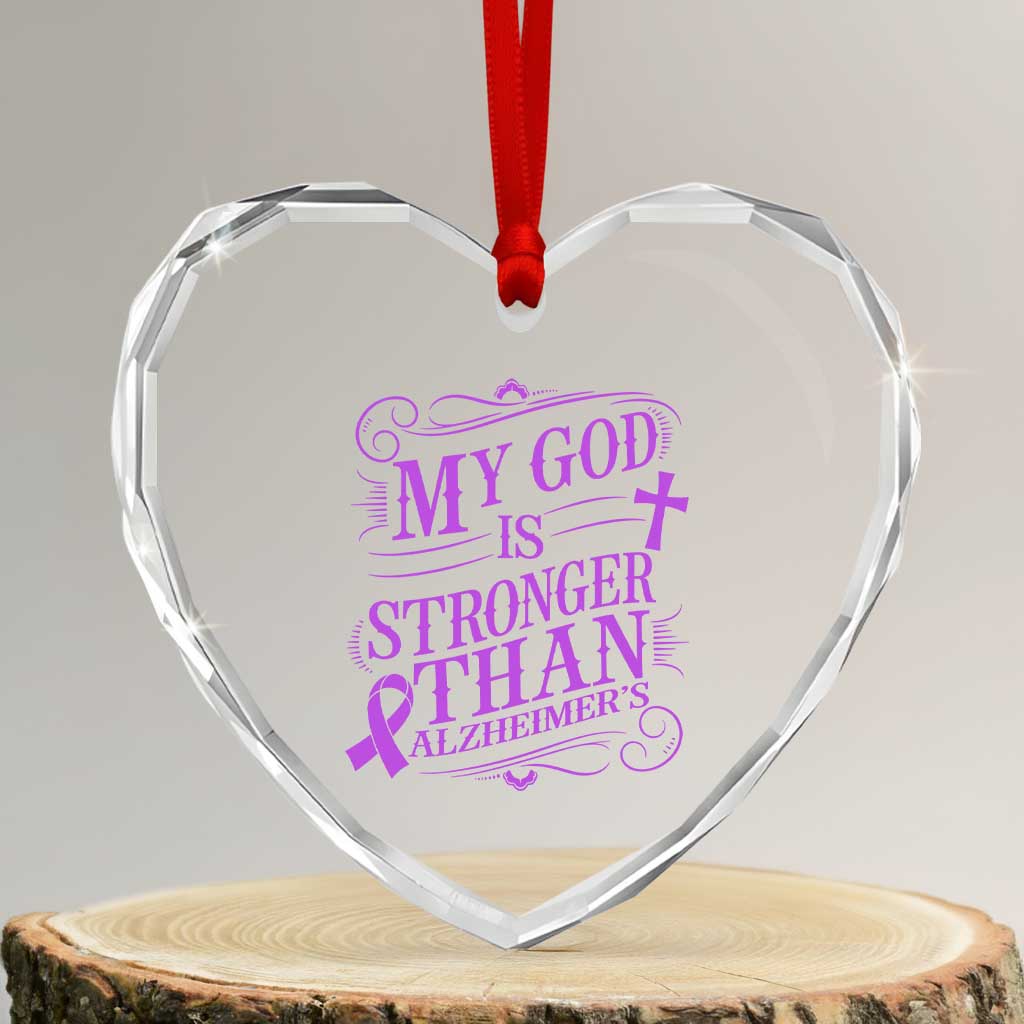 My God Is Stronger Than Alzheimers Heart Crystal Glass Ornament Faith Hope Purple Ribbon Graphic