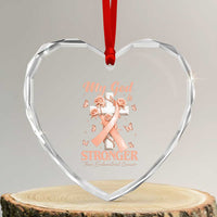 My God Is Stronger Than Endometrial Cancer Heart Crystal Glass Ornament Christian Peach Ribbon