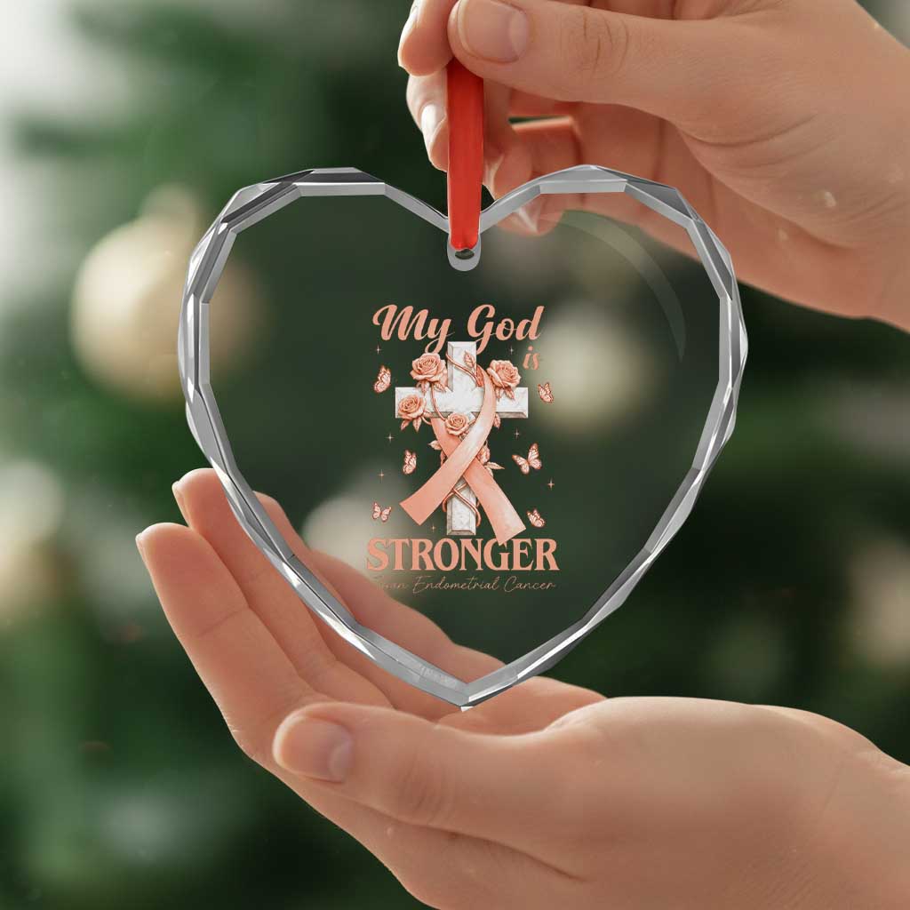My God Is Stronger Than Endometrial Cancer Heart Crystal Glass Ornament Christian Peach Ribbon