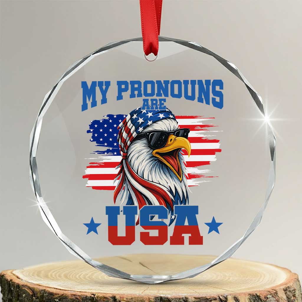 My Pronouns Are USA Crystal Glass Ornament Bold Patriotic Eagle with American Flag Bandana Mullet - Wonder Print Shop