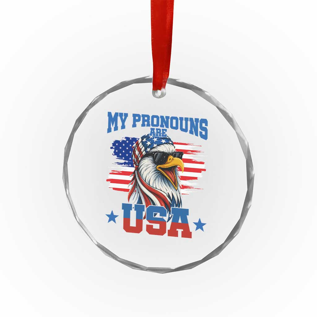 My Pronouns Are USA Crystal Glass Ornament Bold Patriotic Eagle with American Flag Bandana Mullet TS02