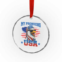 My Pronouns Are USA Crystal Glass Ornament Bold Patriotic Eagle with American Flag Bandana Mullet TS02