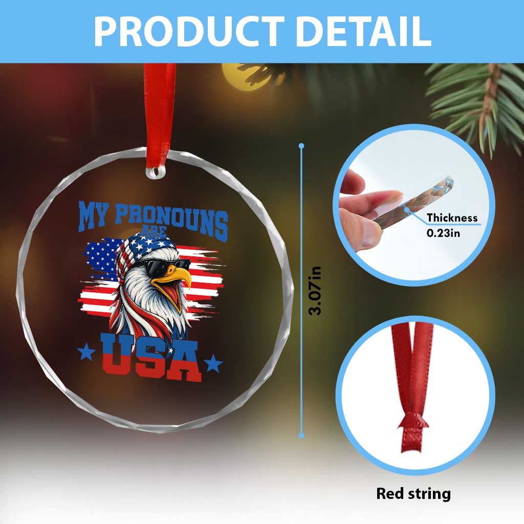My Pronouns Are USA Crystal Glass Ornament Bold Patriotic Eagle with American Flag Bandana Mullet TS02