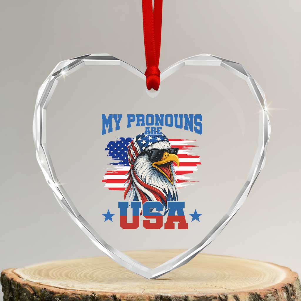 My Pronouns Are USA Heart Crystal Glass Ornament Bold Patriotic Eagle with American Flag Bandana Mullet - Wonder Print Shop