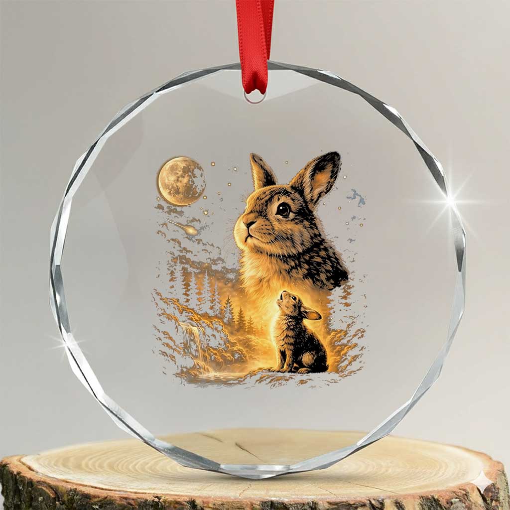 Mystical Moonlit Bunny Graphic Crystal Glass Ornament Glowing Rabbit Under Full Moon Waterfall Nature Scene