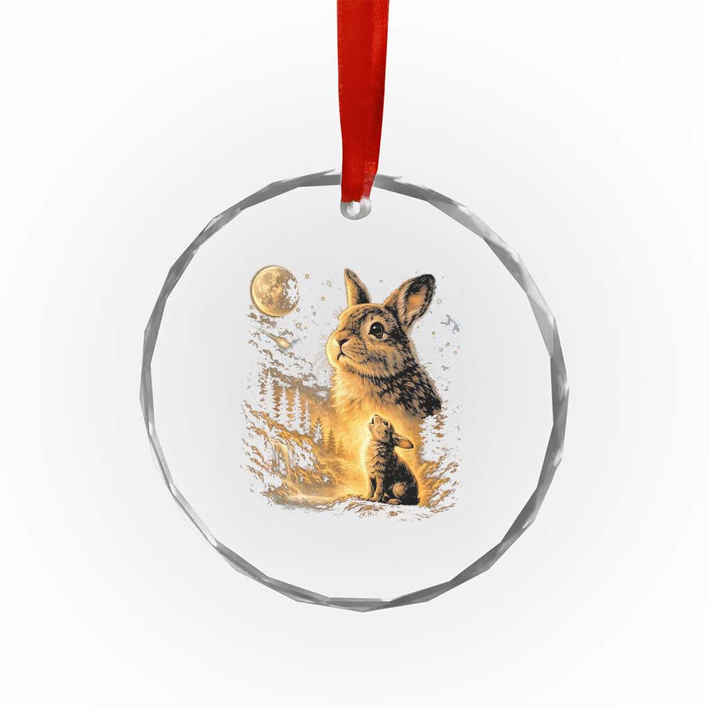 Mystical Moonlit Bunny Graphic Crystal Glass Ornament Glowing Rabbit Under Full Moon Waterfall Nature Scene