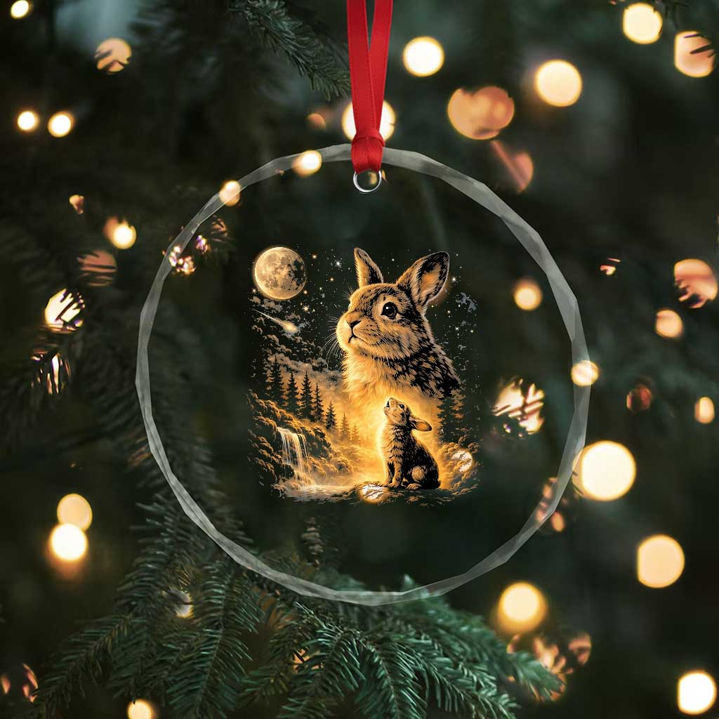 Mystical Moonlit Bunny Graphic Crystal Glass Ornament Glowing Rabbit Under Full Moon Waterfall Nature Scene