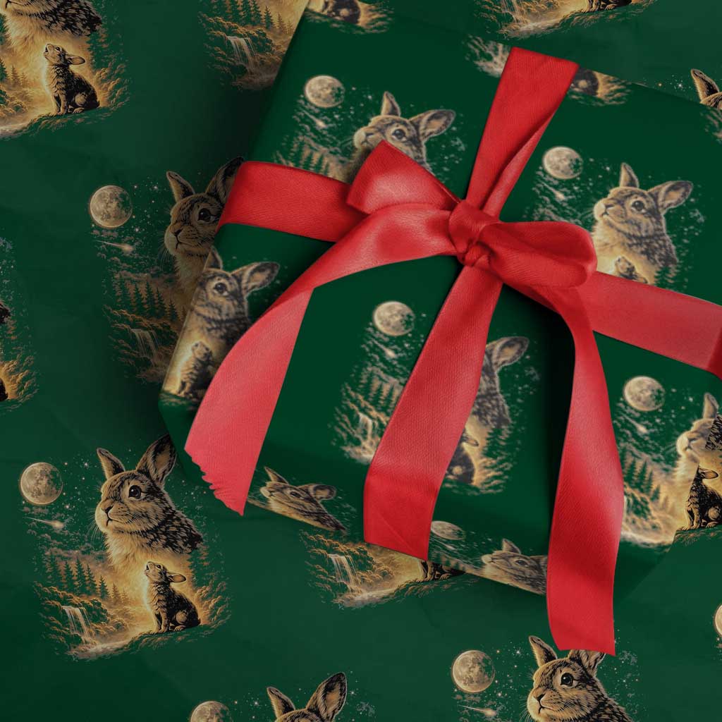 Mystical Moonlit Bunny Graphic Wrapping Paper Roll Glowing Rabbit Under Full Moon Waterfall Nature Scene