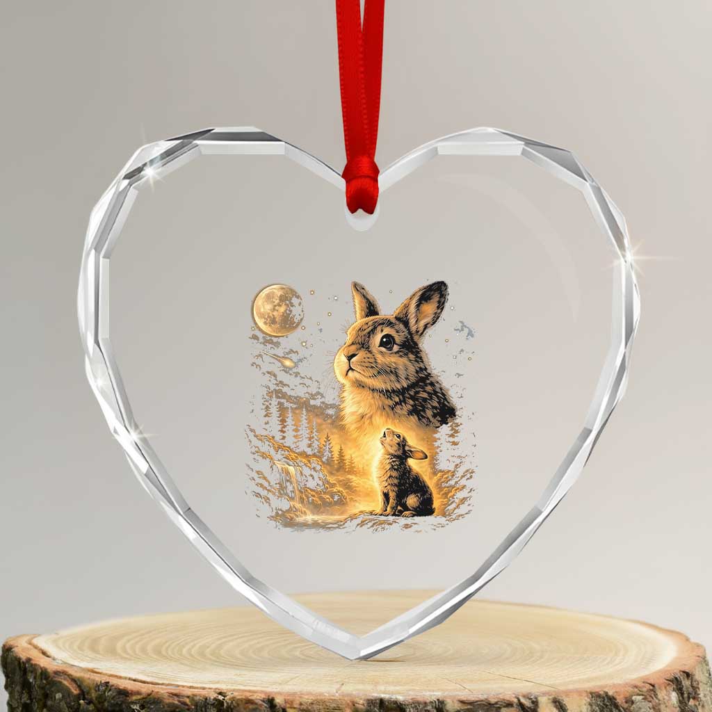 Mystical Moonlit Bunny Graphic Heart Crystal Glass Ornament Glowing Rabbit Under Full Moon Waterfall Nature Scene