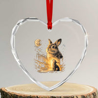 Mystical Moonlit Bunny Graphic Heart Crystal Glass Ornament Glowing Rabbit Under Full Moon Waterfall Nature Scene