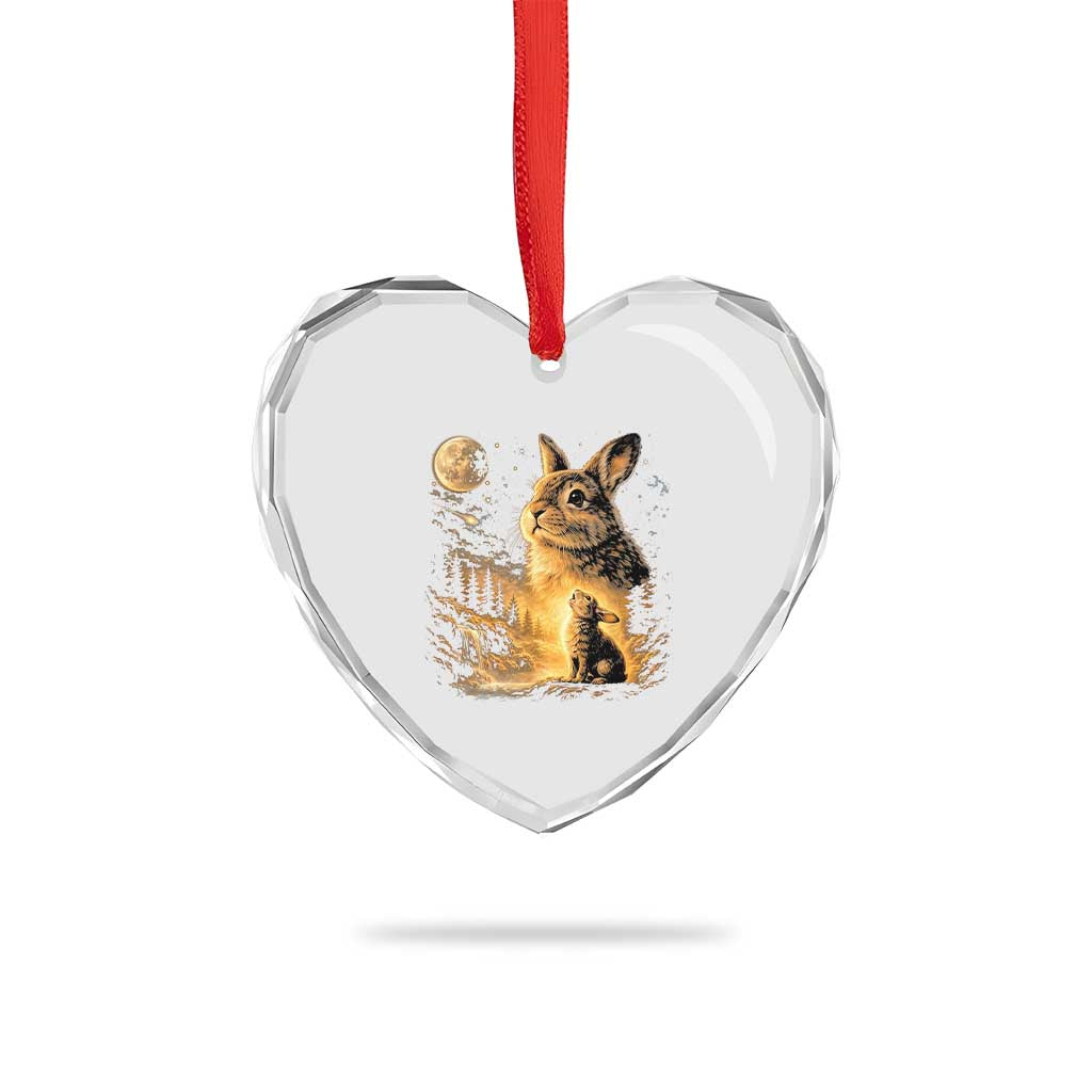 Mystical Moonlit Bunny Graphic Heart Crystal Glass Ornament Glowing Rabbit Under Full Moon Waterfall Nature Scene