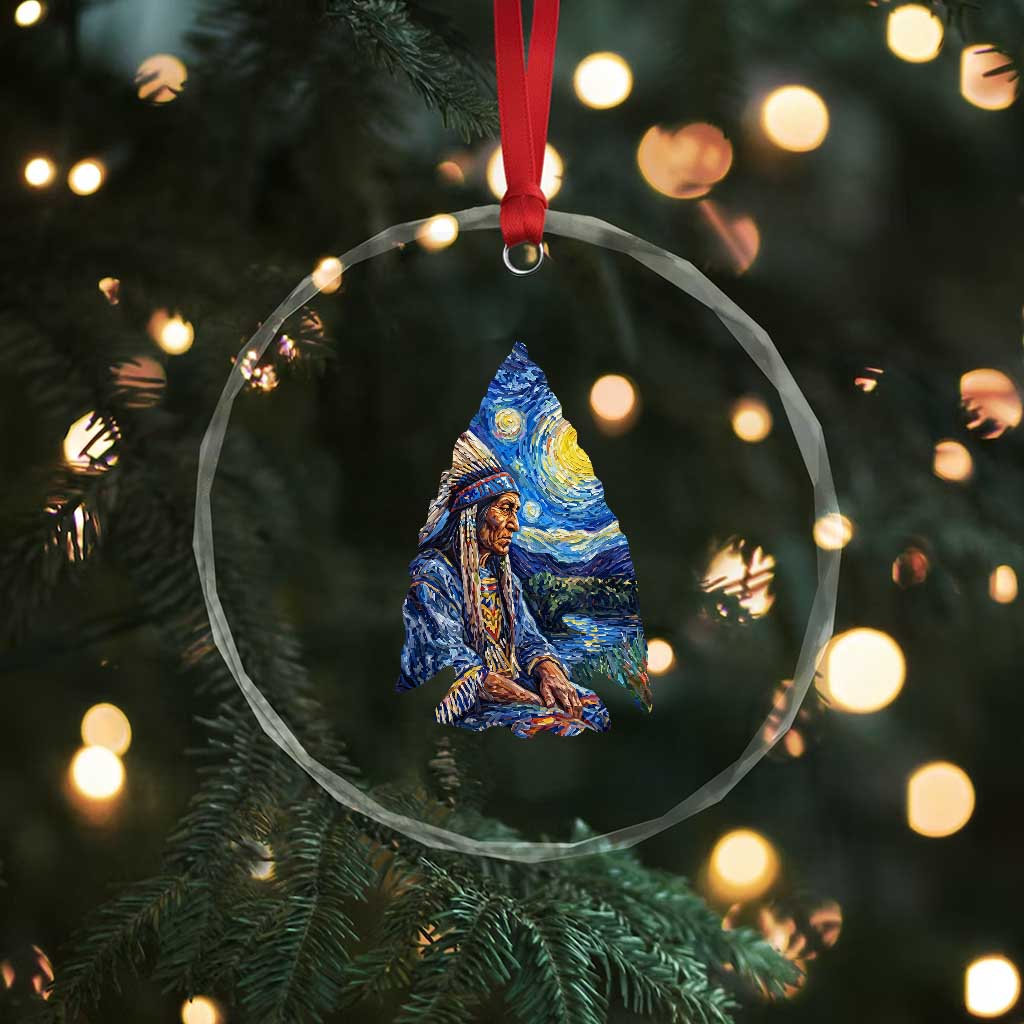 Native American Arrowhead Hunter Starry Night Crystal Glass Ornament