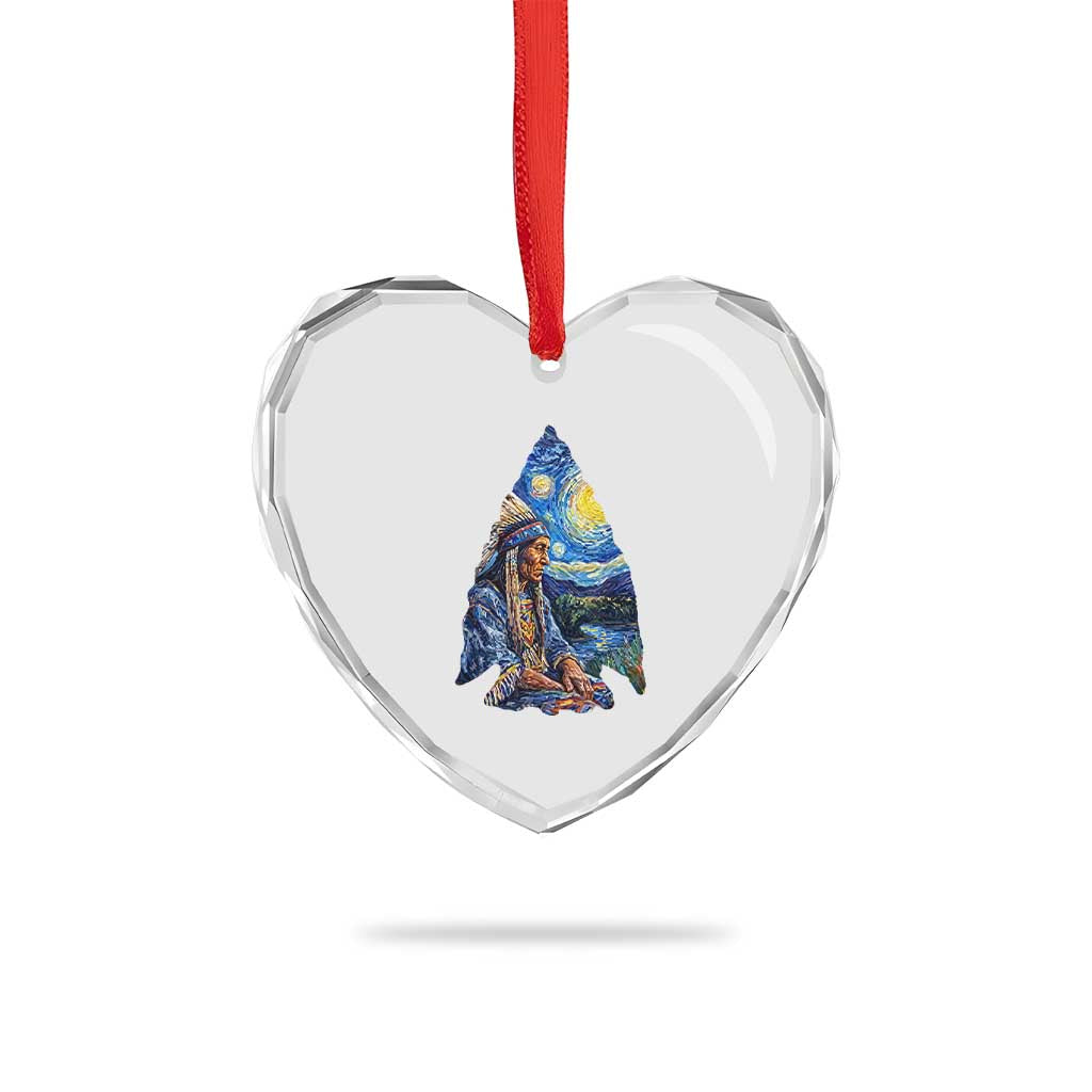 Native American Arrowhead Hunter Starry Night Heart Crystal Glass Ornament