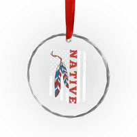 Native American Feathers Vintage USA Flag Crystal Glass Ornament Proud Indigenous People