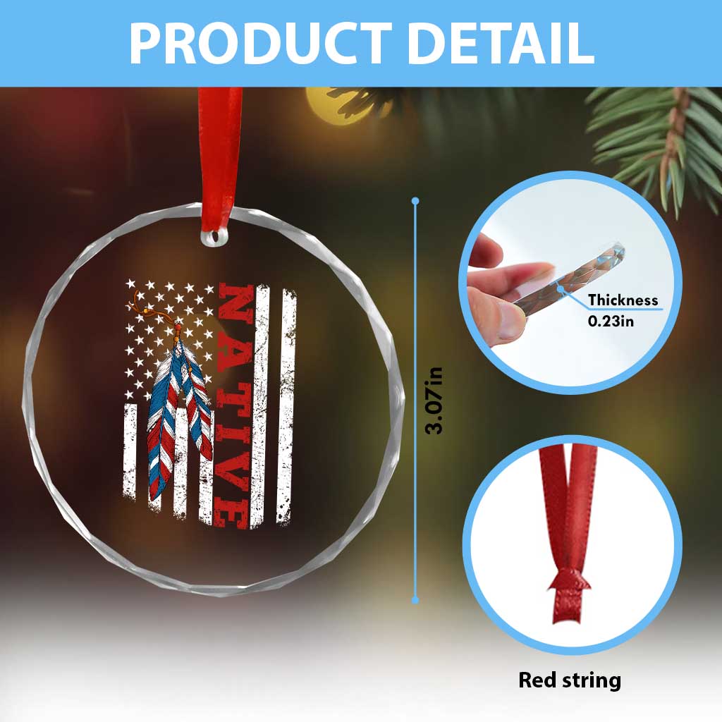 Native American Feathers Vintage USA Flag Crystal Glass Ornament Proud Indigenous People