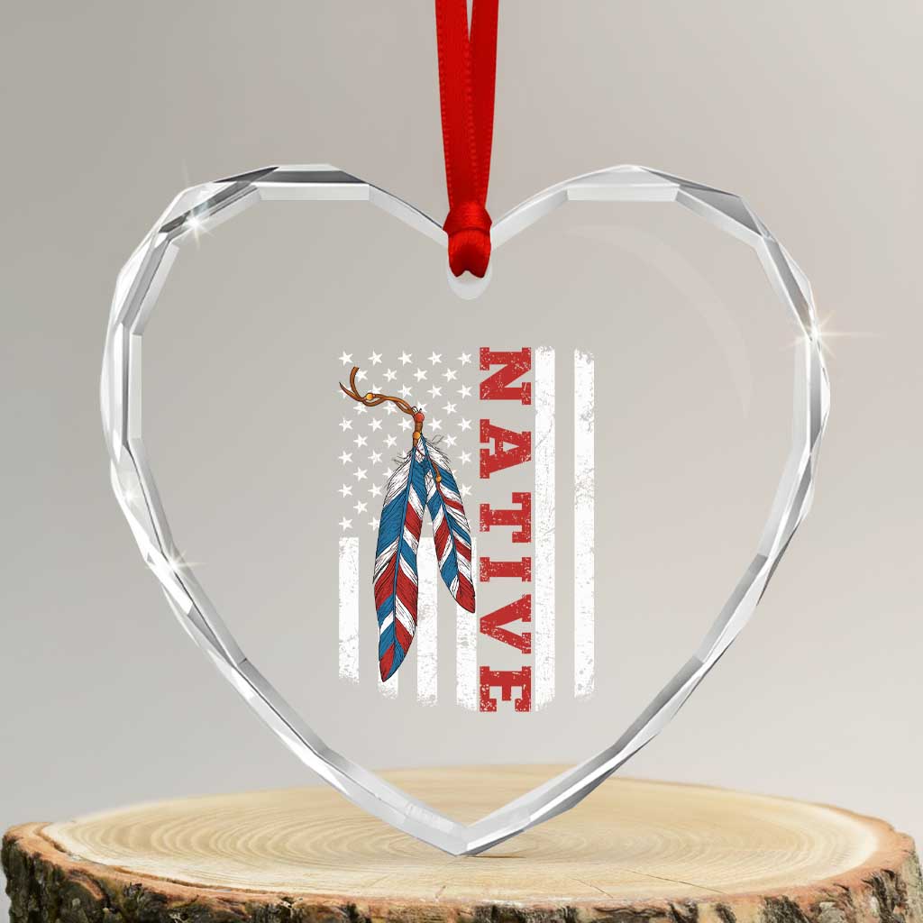 Native American Feathers Vintage USA Flag Heart Crystal Glass Ornament Proud Indigenous People