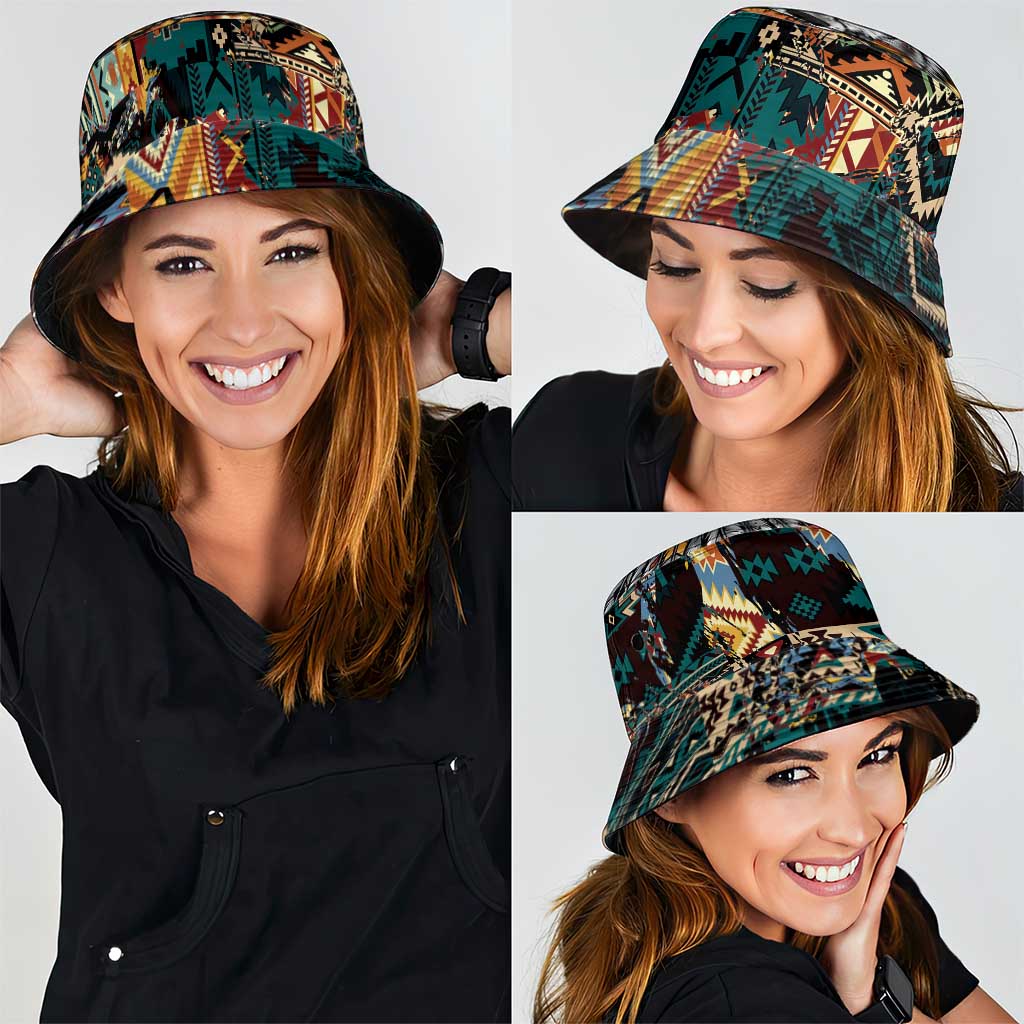 Native American Navajo Wolf Bucket Hat Grunge Pattern