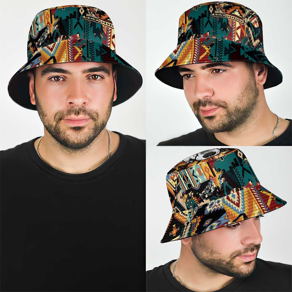 Native American Navajo Wolf Bucket Hat Grunge Pattern