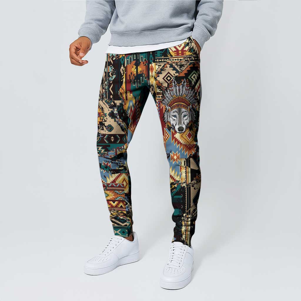 Native American Navajo Wolf Jogger Pants Grunge Pattern