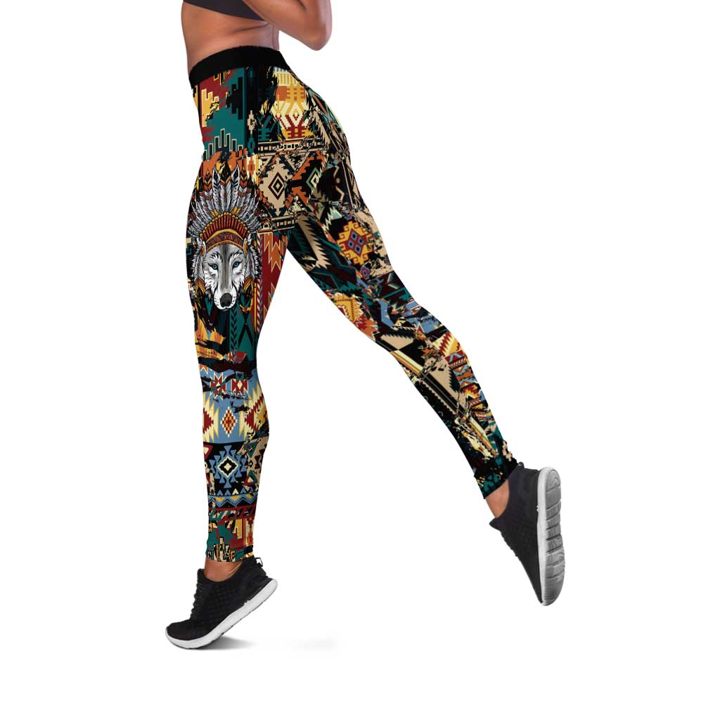Native American Navajo Wolf Leggings Grunge Pattern