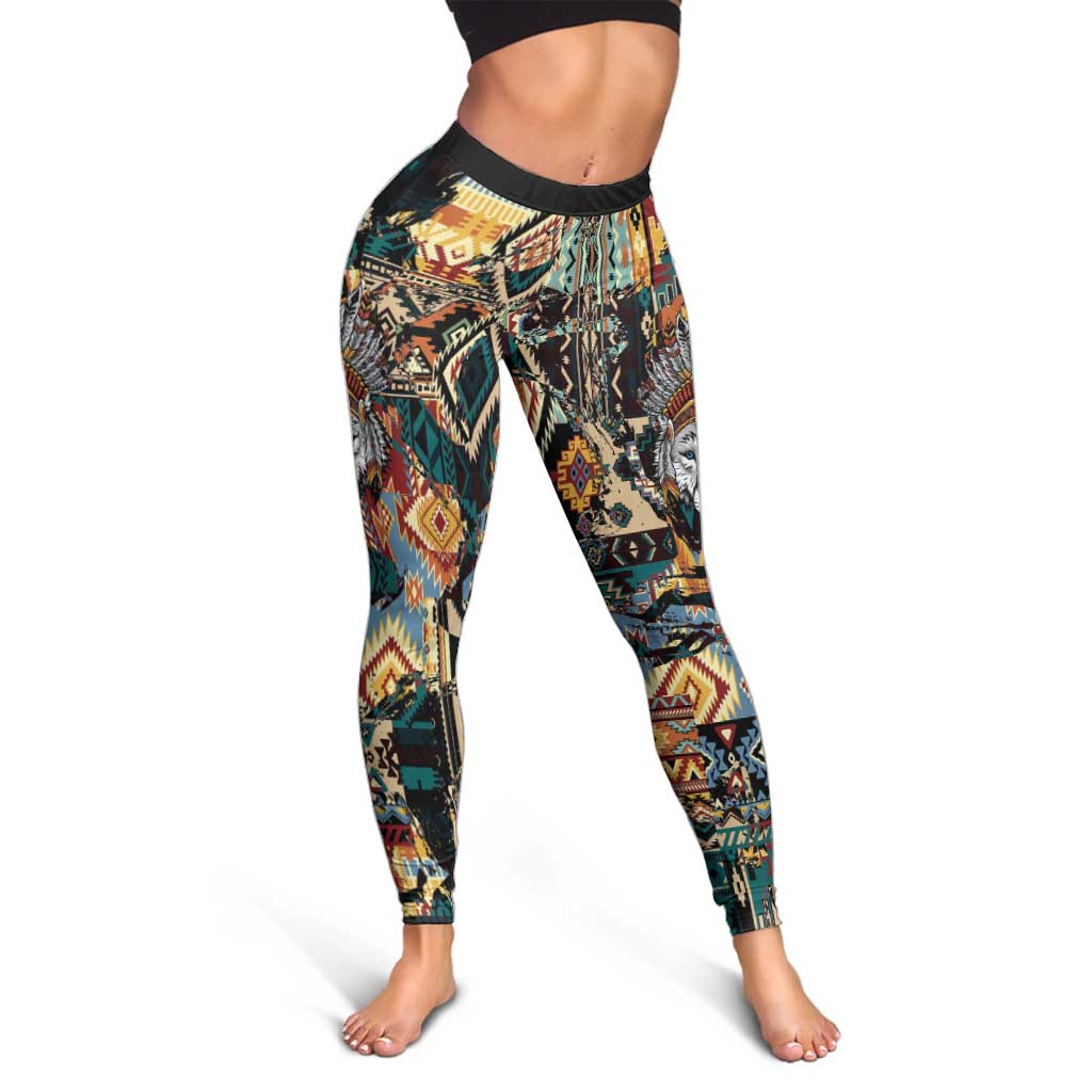 Native American Navajo Wolf Leggings Grunge Pattern