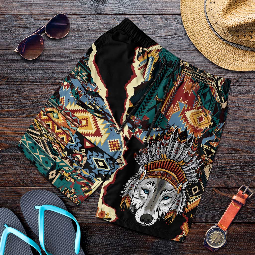 Native American Navajo Wolf Shorts for Men Grunge Pattern