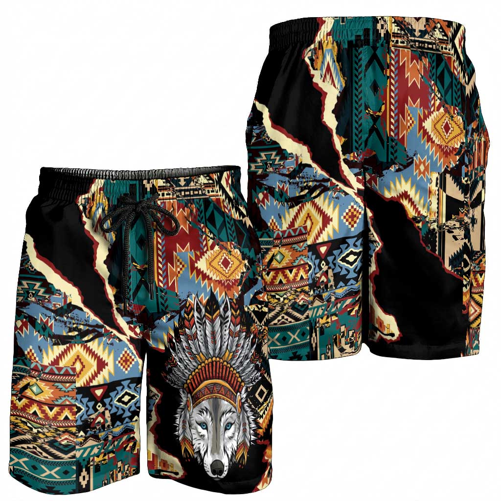 Native American Navajo Wolf Shorts for Men Grunge Pattern