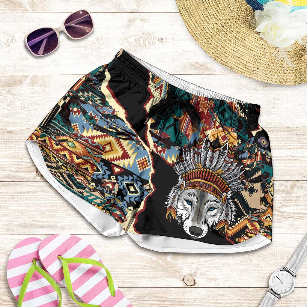 Native American Navajo Wolf Shorts for Women Grunge Pattern