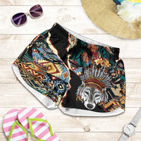 Native American Navajo Wolf Shorts for Women Grunge Pattern
