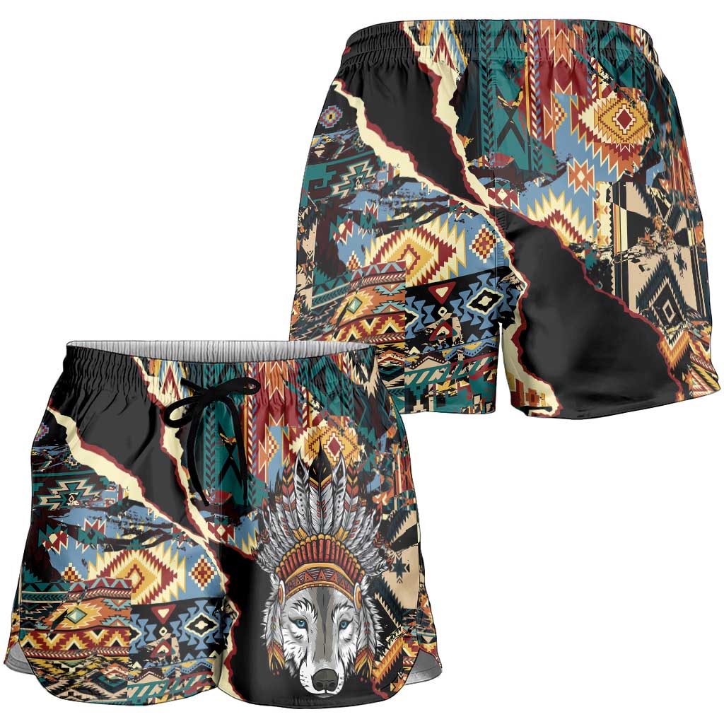 Native American Navajo Wolf Shorts for Women Grunge Pattern