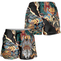 Native American Navajo Wolf Shorts for Women Grunge Pattern