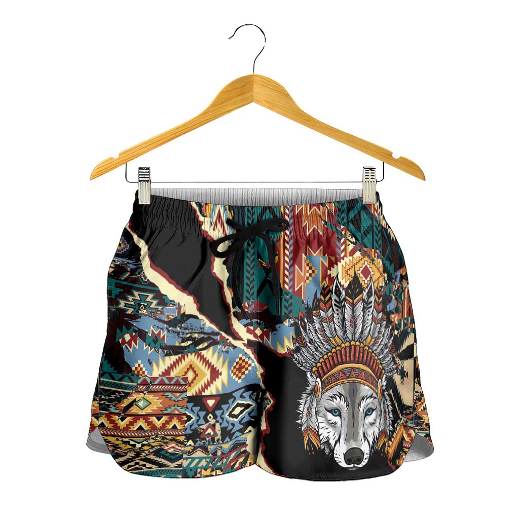 Native American Navajo Wolf Shorts for Women Grunge Pattern