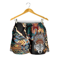 Native American Navajo Wolf Shorts for Women Grunge Pattern