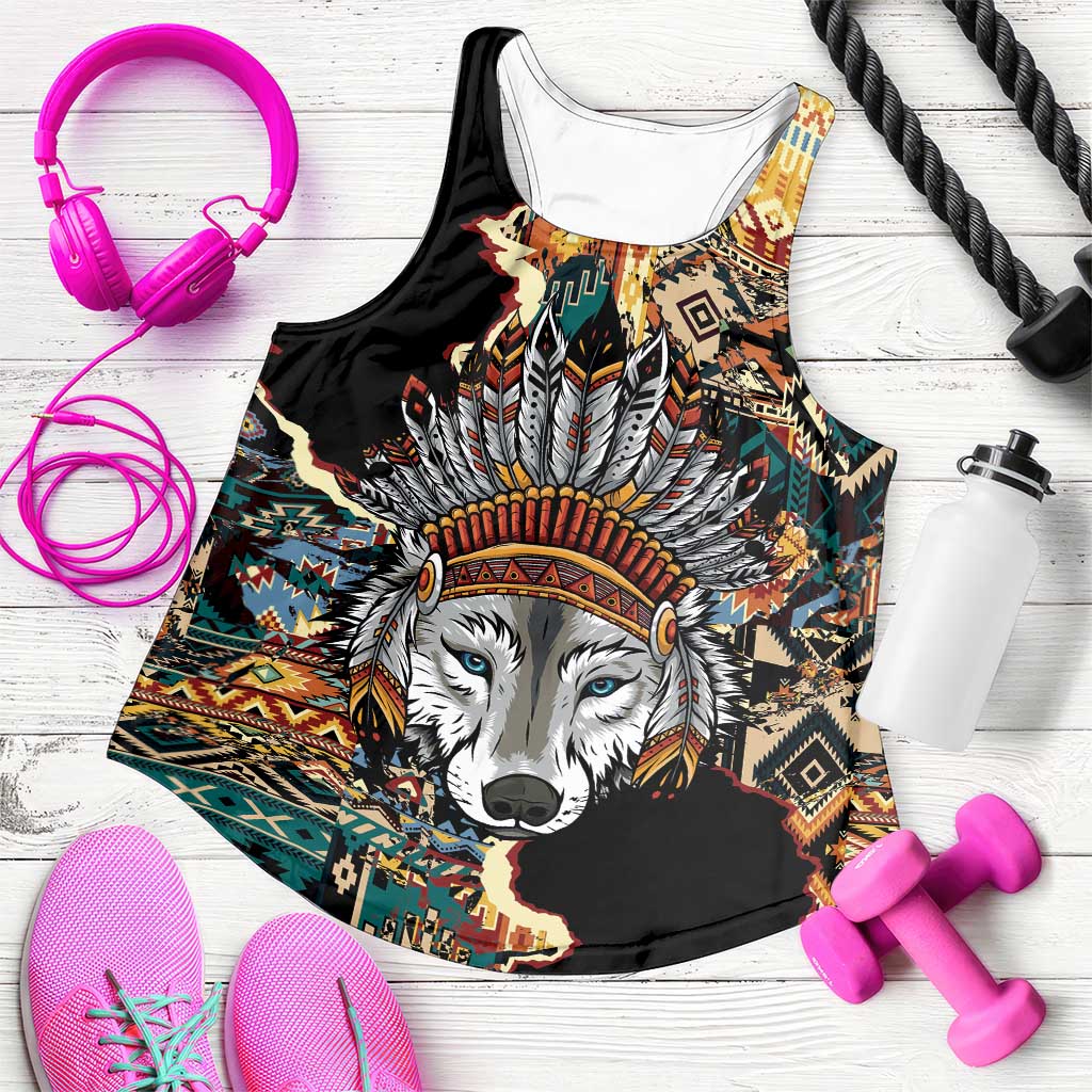 Native American Navajo Wolf Women Racerback Tank Grunge Pattern