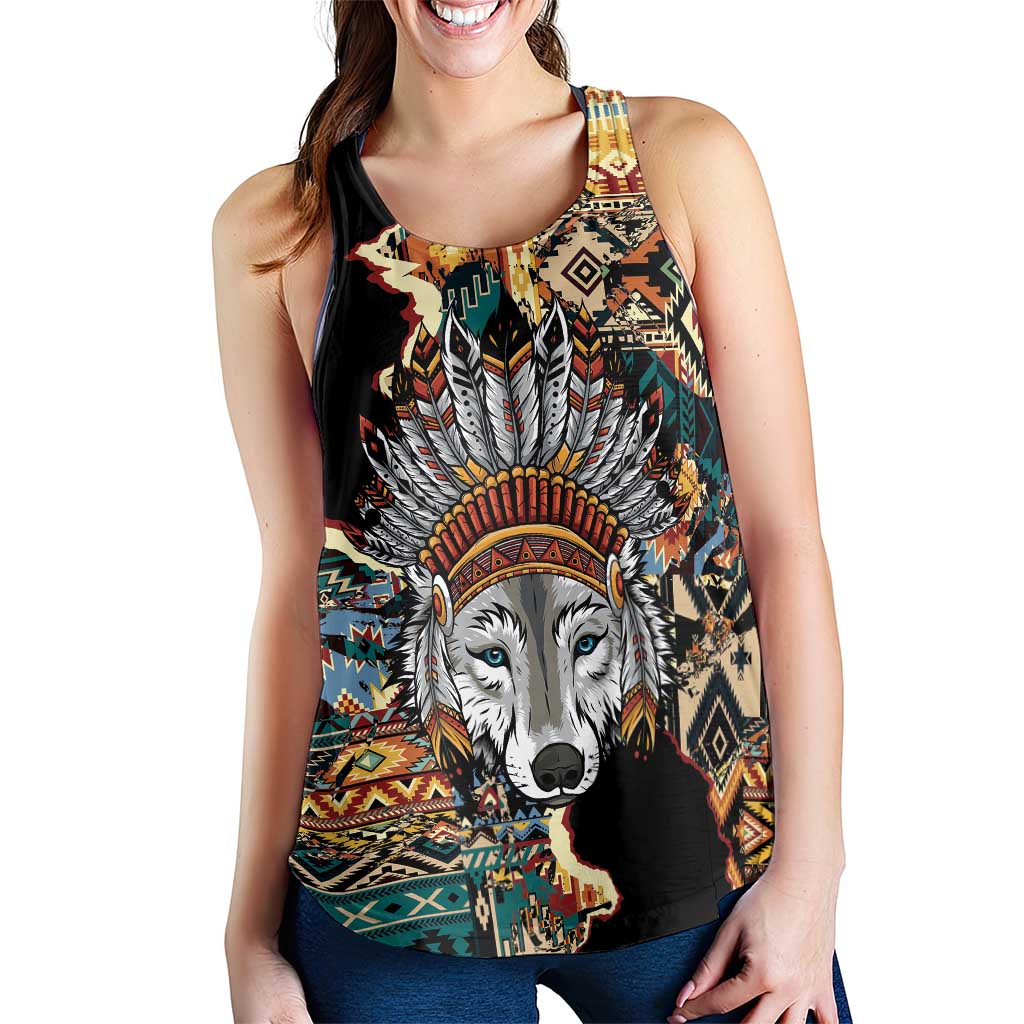 Native American Navajo Wolf Women Racerback Tank Grunge Pattern