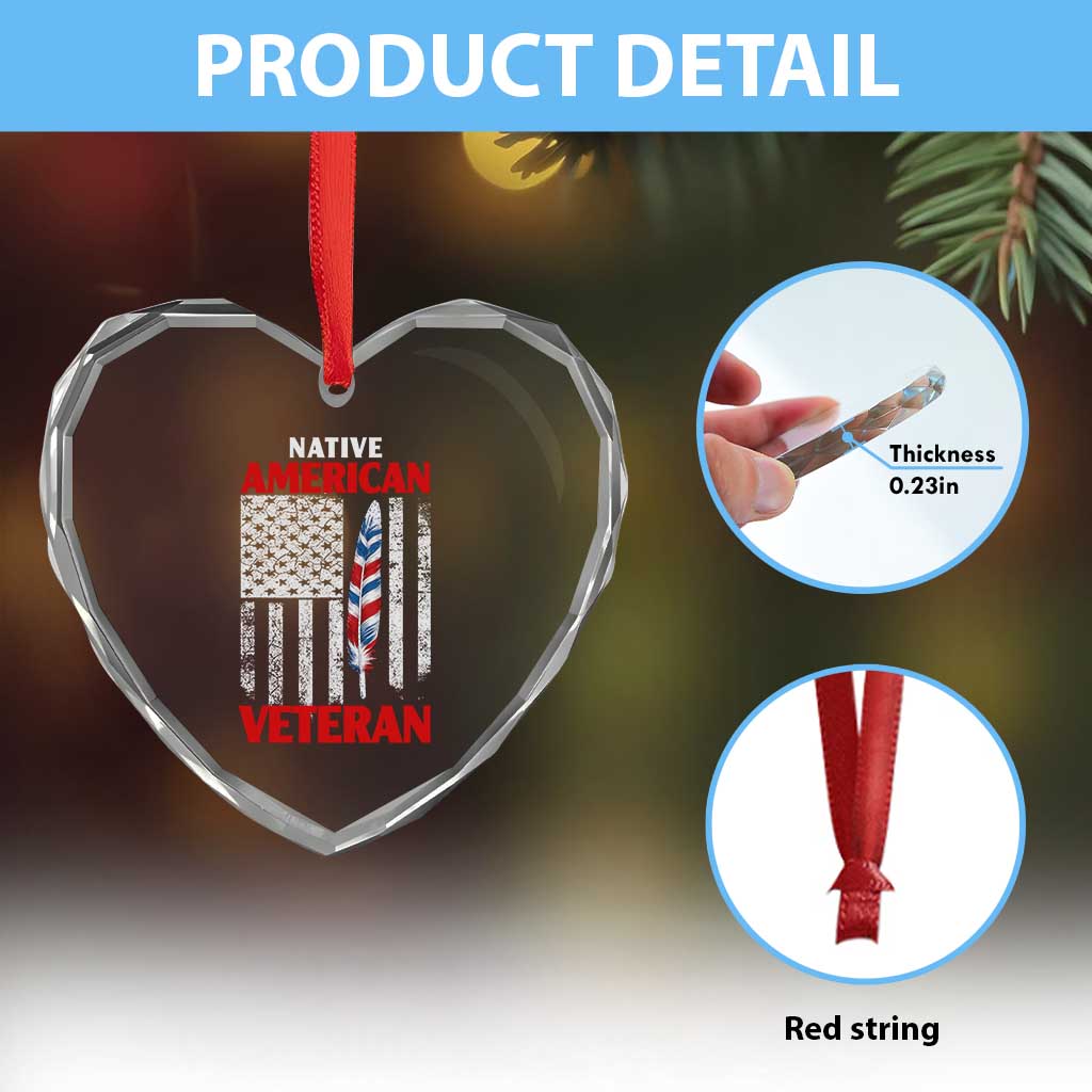 Native American Veteran USA Flag Patriotic Soldier Heart Crystal Glass Ornament