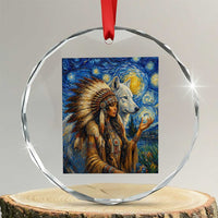 Native American Woman And White Wolf Crystal Glass Ornament Starry Night Inspired Art