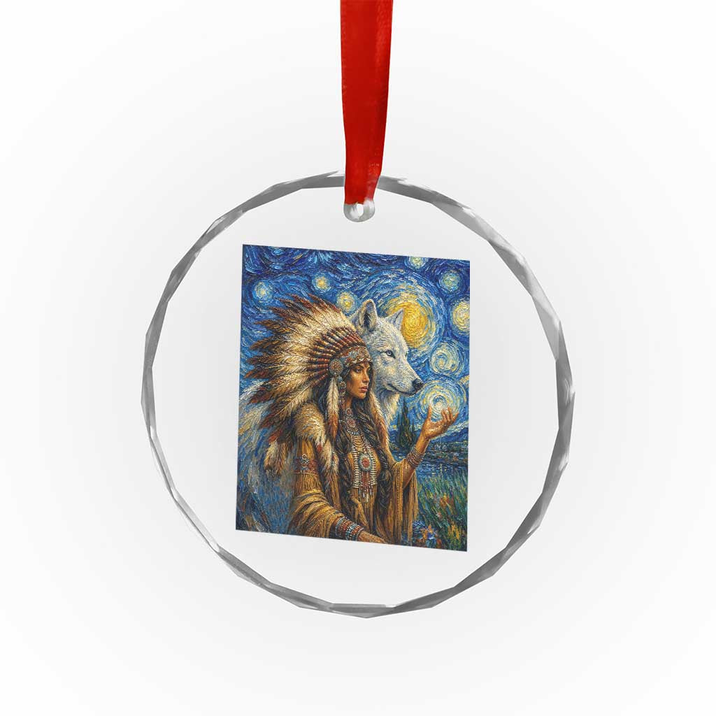 Native American Woman And White Wolf Crystal Glass Ornament Starry Night Inspired Art
