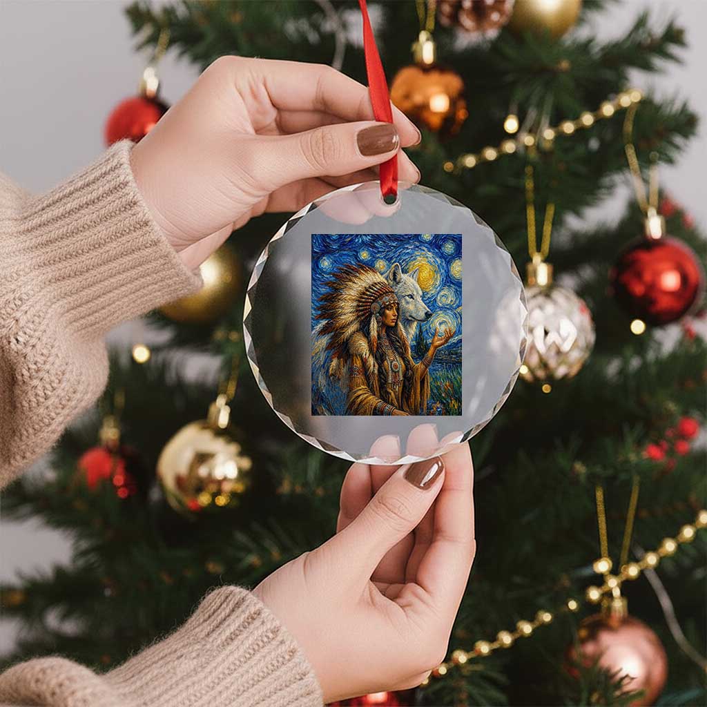 Native American Woman And White Wolf Crystal Glass Ornament Starry Night Inspired Art
