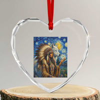 Native American Woman And White Wolf Heart Crystal Glass Ornament Starry Night Inspired Art