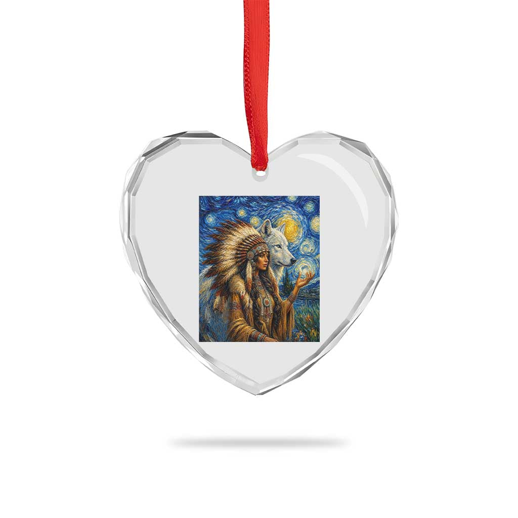 Native American Woman And White Wolf Heart Crystal Glass Ornament Starry Night Inspired Art
