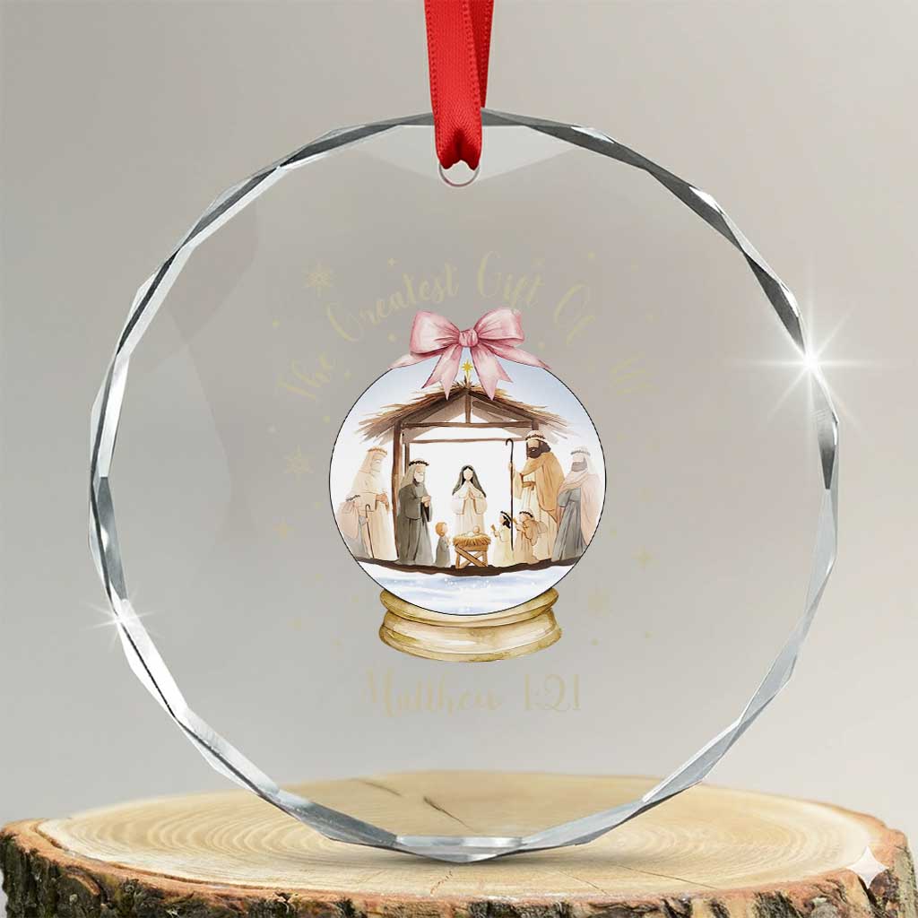Nativity Scene Christmas Crystal Glass Ornament The Greatest Gift of All Christian Coquette Bow Matthew 1:21 - undefined